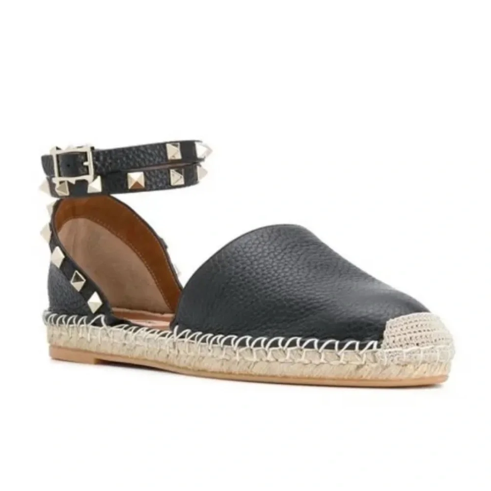 Valentino Garavani Rockstud Espadrille Sandals Leather Wrap Black Size 35 US 5